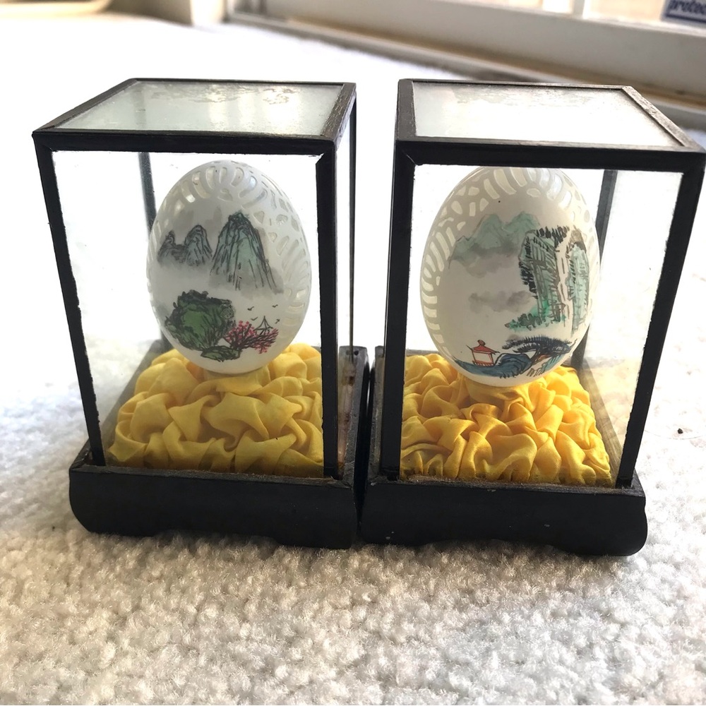 Set of 2 Hand-Painted Decorative Chinese Eggs in Glass Display Cases